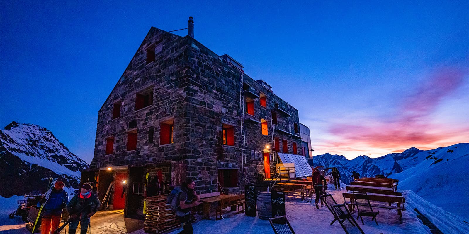 mountain hut high in the Swiss Alps during sunrise