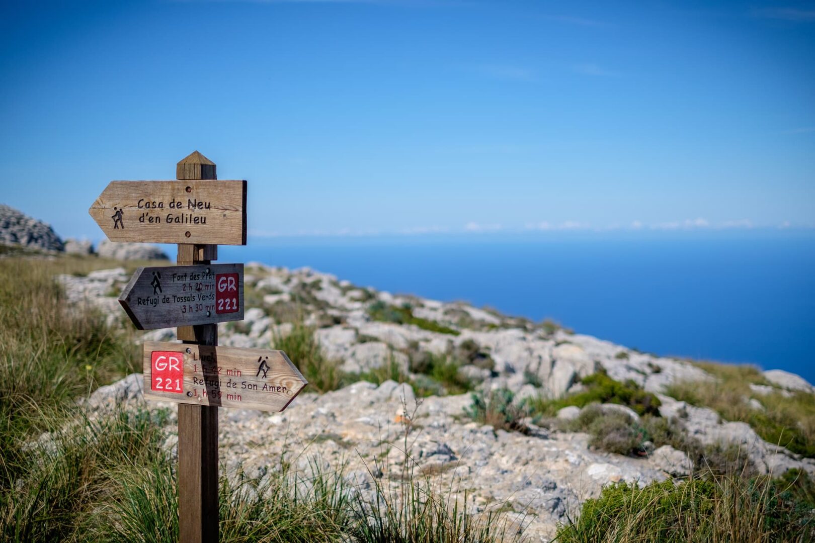 Wooden sign post on rocky surface with see in the background